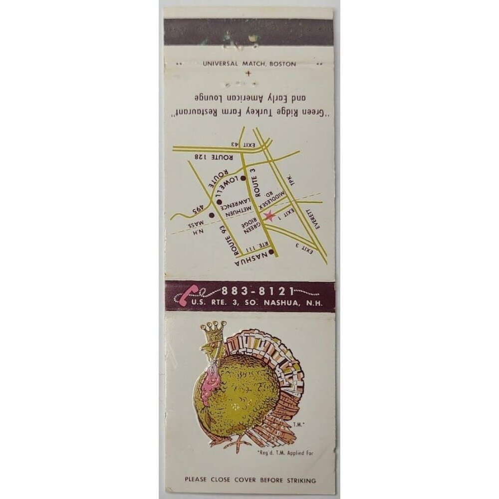 Front Strike Matchbook Cover Green Ridge Turkey Farm Restaurant Lounge Nashua NH